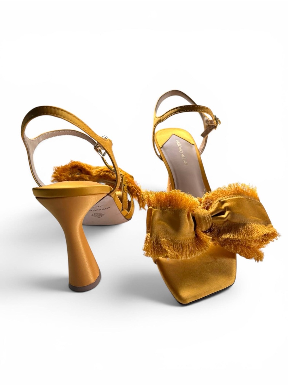 Antonio Melani Women Mustard Satin Fringe Bow Sandals Sculptural Heel Size 8 - Picture 9 of 13